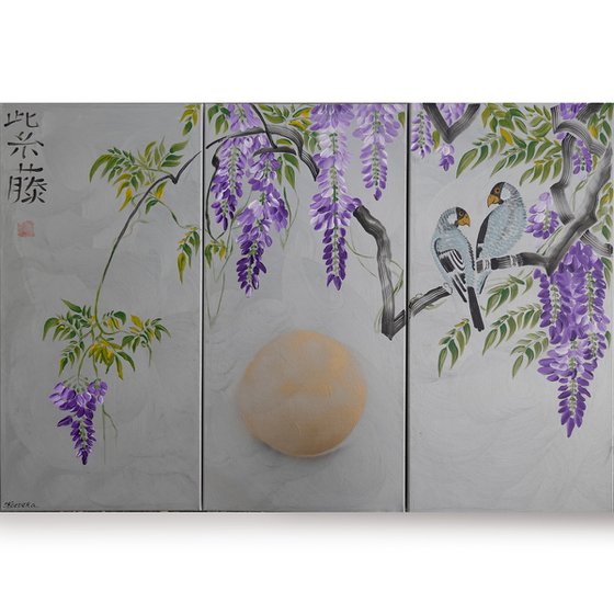 Japanese lilac wisteria and love birds J221 - large silver triptych, original art, japanese style paintings by artist Ksavera