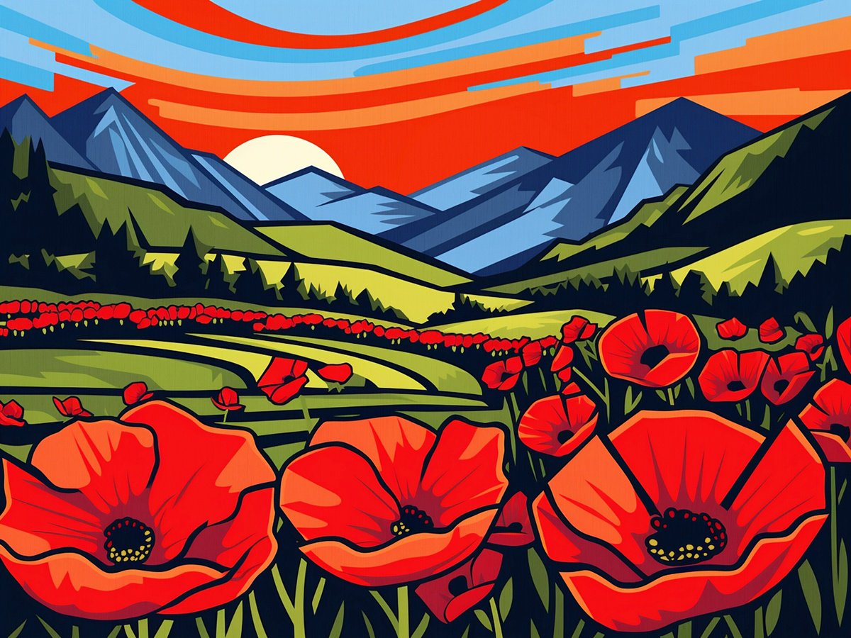 Urban And Pop Acrylic Painting , Poppies In The Valley Iv By Kosta Morr, 31 X 24, Artwork For Sale On Artfinder