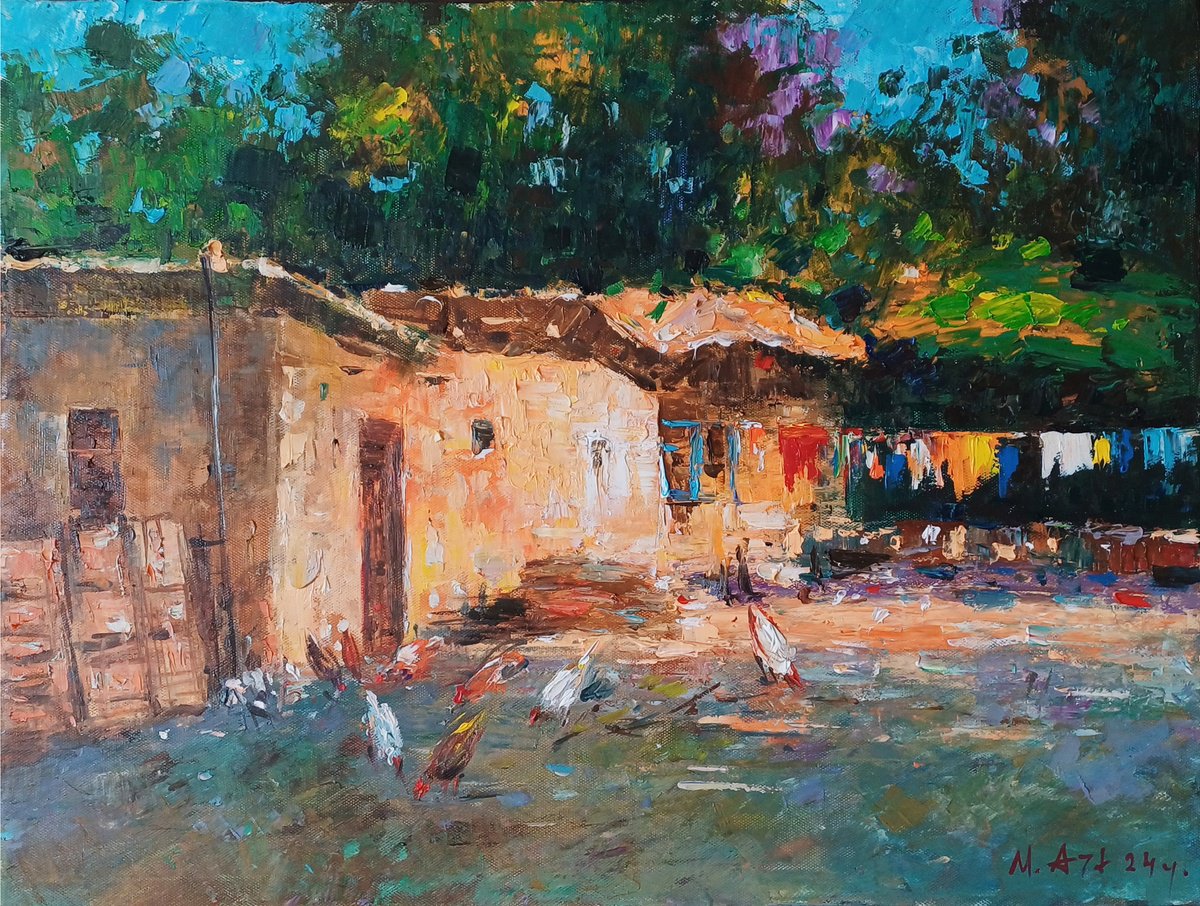 Impressionistic Landscape Oil Painting By Narek Qochunc, 20 X 15", Life In The Village, Original Artwork