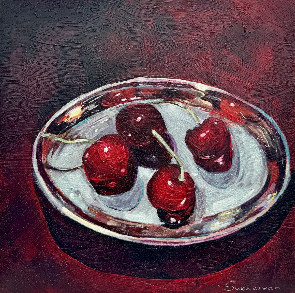 Impressionistic Still Life Acrylic Painting By Victoria Sukhasyan, 12 X 12", Still Life With Cherries, Original Artwork