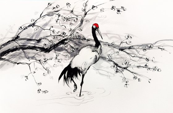 Japanese Red Crowned Crane and Plum Blossom - Oriental Style Painting Japanese art Asian art Sumi-e