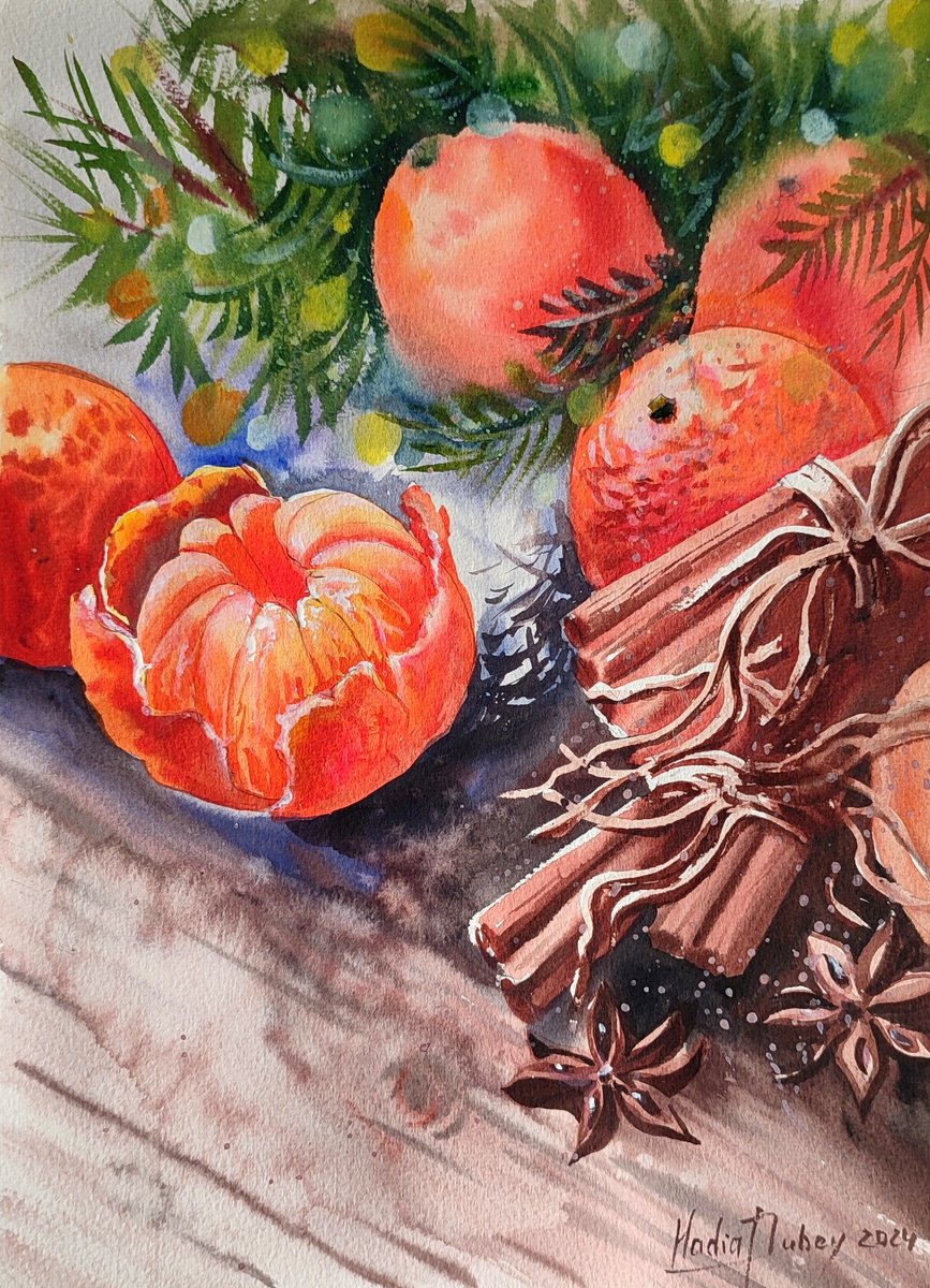 Impressionistic Still Life Watercolour By Nadiia Dubei, 11 X 15", The Aroma Of Christmas, Original Artwork