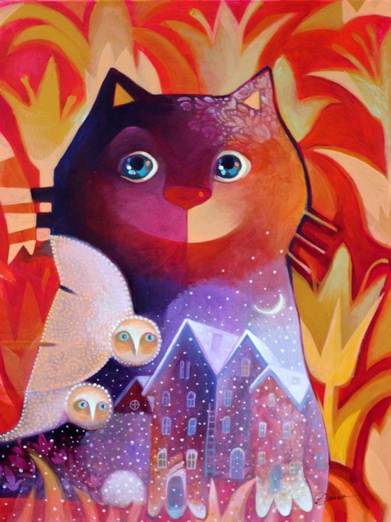 Cat and Snowy Owls