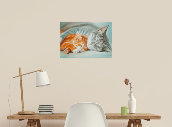 Sleeping Cat With Tawny Kitten Original Oil Painting Pet Portrait Animalism. 50x35 cm, ready to hang