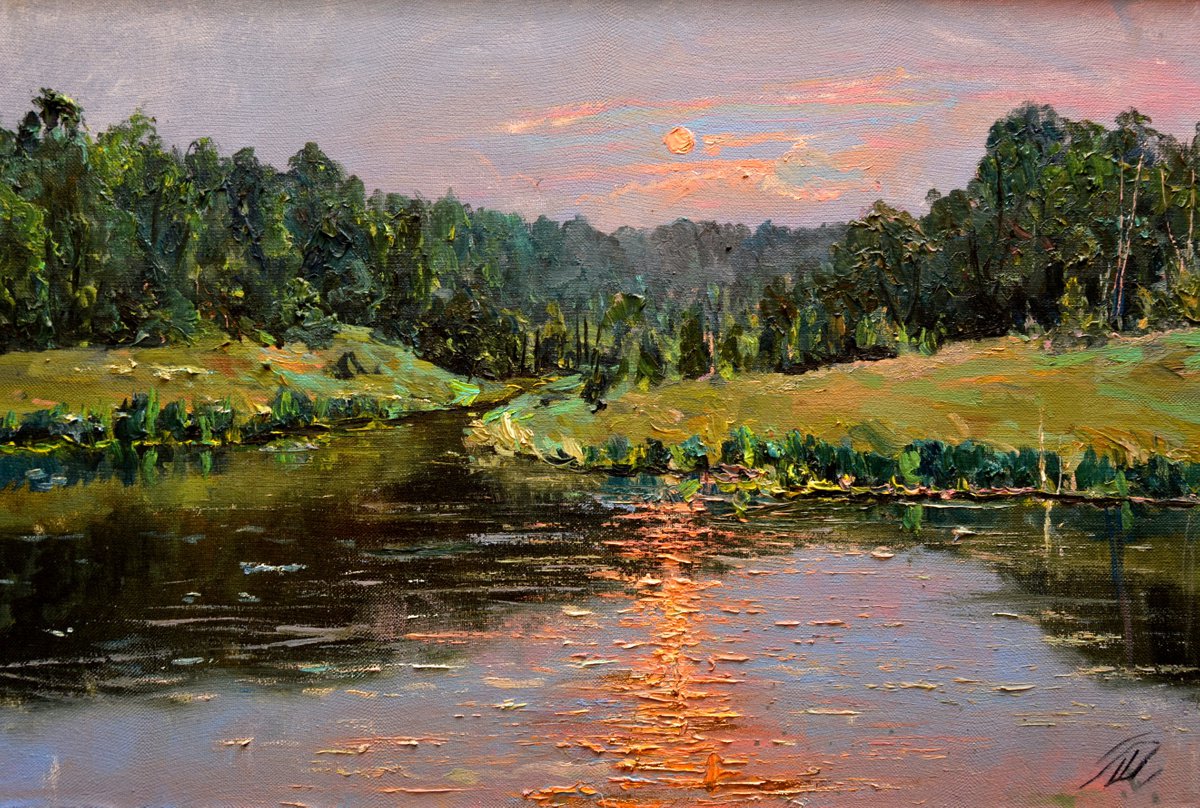 Sunset pond with sun reflection oil painting by Dmitry Revyakin
