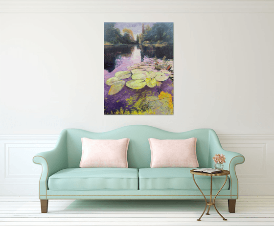 'Water Lilies III' Impressionistic Impasto Large Oil painting