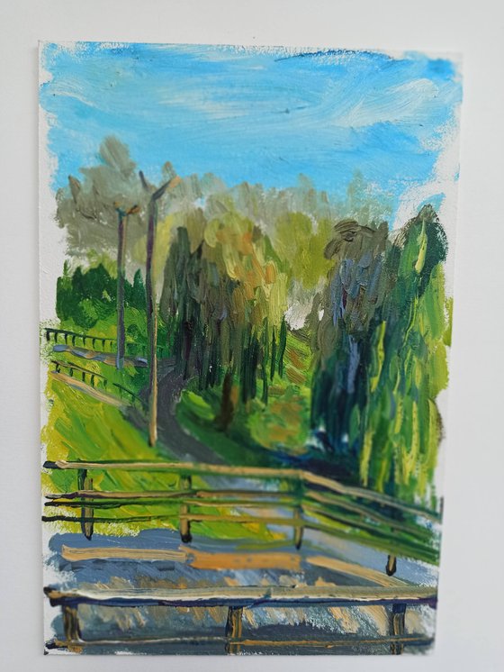 Weeping willows in the park. Pleinair painting