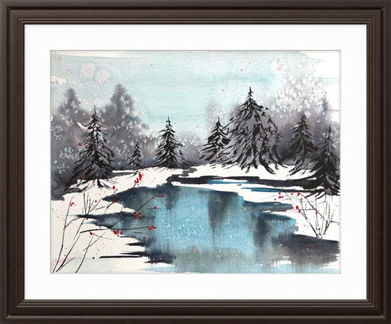 Winter day River in the forest
