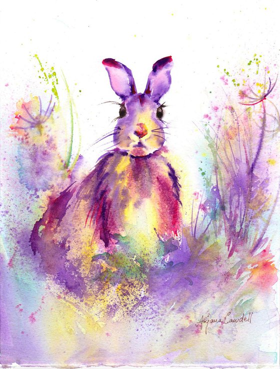 Hare painting, March Hare, original watercolour painting, Wildlife Wall art, Lilac, Whimsical Hare painting