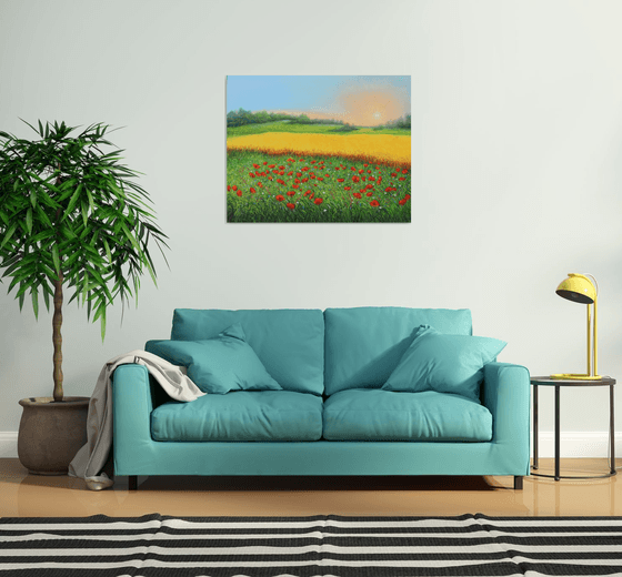 Sunrise at wheat field and poppy meadow