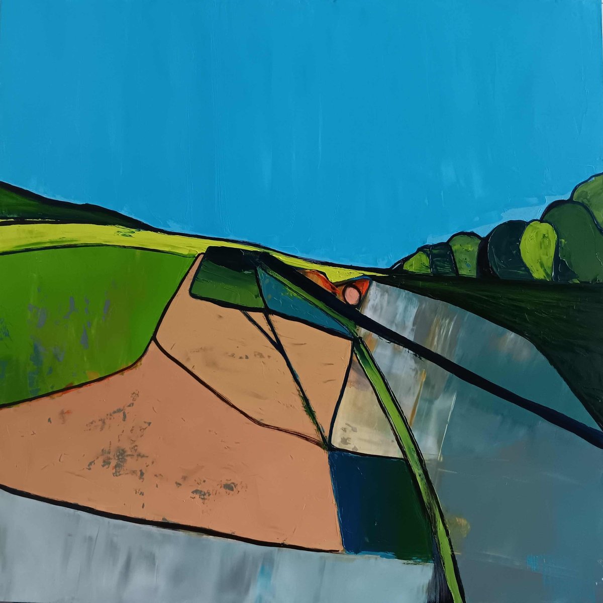 Abstract Landscape Oil Painting By Michael Hemming, 25 X 25", Field Near Bloxworth, Original Artwork