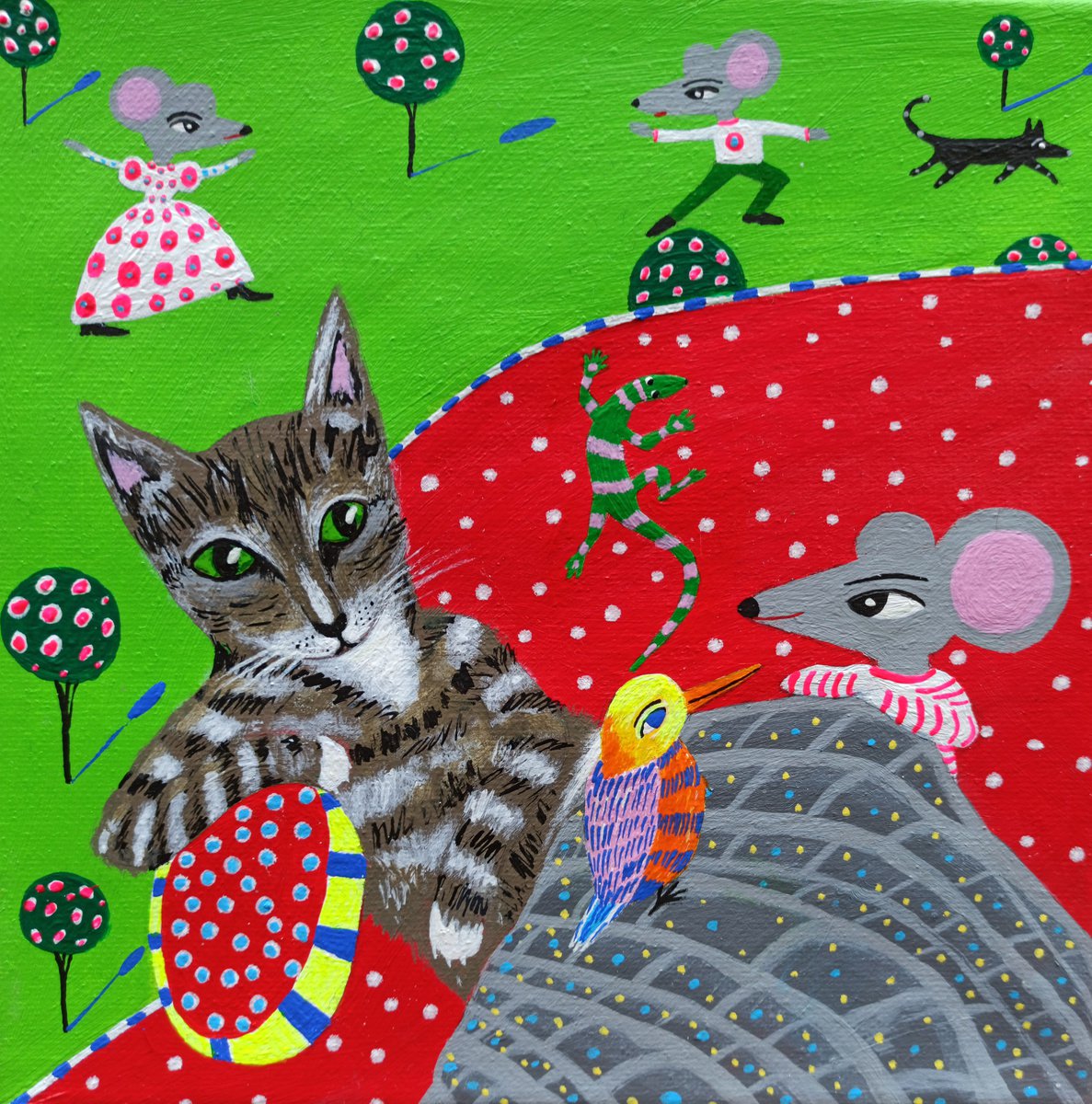 Impressionistic Animal Acrylic Painting By Katrina Avotina, 8 X 8", Leave Me Alone, Original Artwork