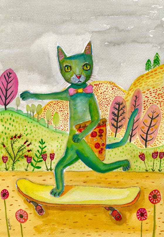 Pizza Cat on Skateboard - Whimsical Quirky Naive Art