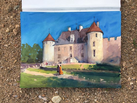 France Castle Château d'Ainay-le-Vieil Watercolor painting