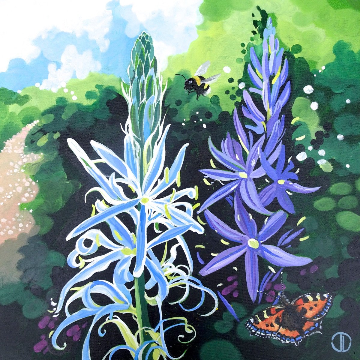 Impressionistic Botanical Acrylic Painting By Joseph Lynch, 20 X 20, Flowers In The Sunlight Camassia, Original Artwork