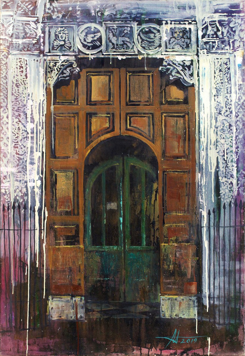 Expressive Cityscapes Oil Painting By Anatoliy Menkiv, 30 X 43, Doors Behind Doors, Original Artwork