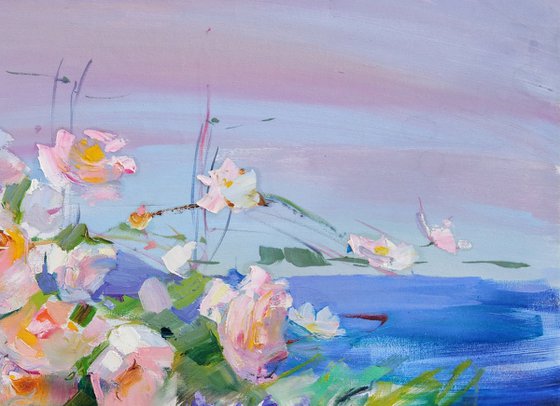 Enchanted by the light. Roses garden in Montenegro. Original plain air oil painting