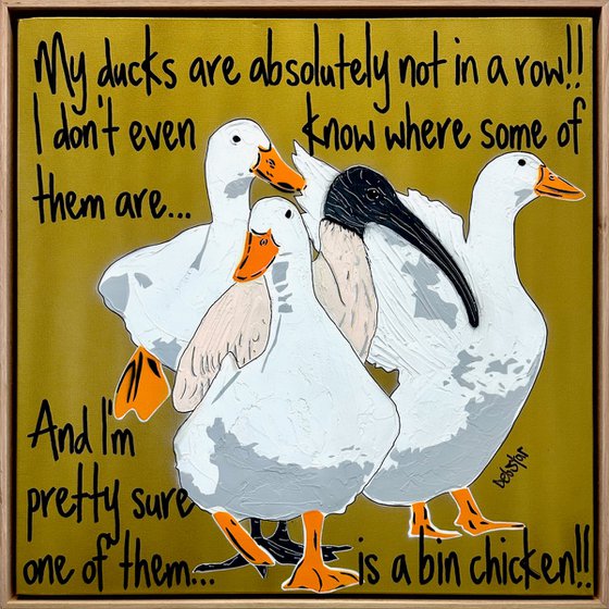 Ducks in a Row Gold Bin Chicken Framed