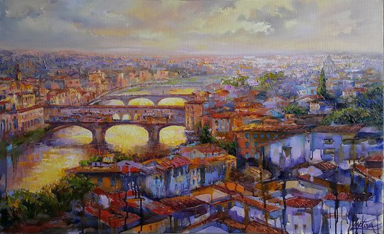 Evening in Florence, italian landscape, city scape Italy, oil painting