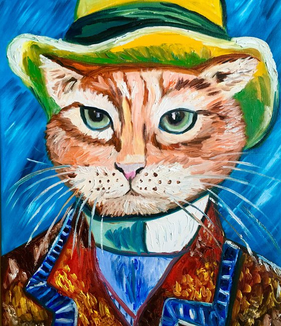 Serious Cat La Van Gogh in a hat FELINE ART FOR CAT LOVERS GIFT IDEA