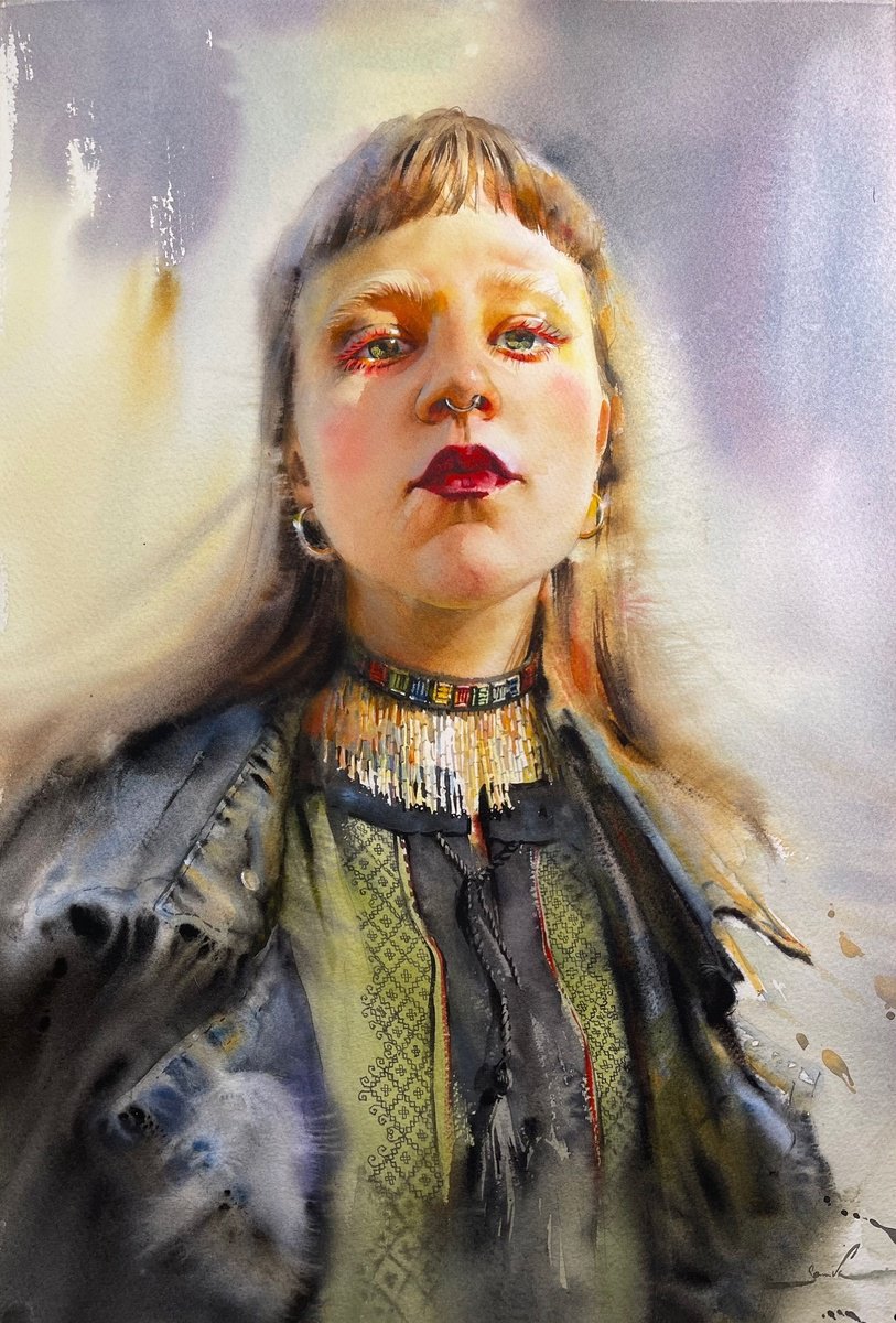 Graphic Portrait Watercolour By Samira Yanushkova, 15 X 22", «????», Original Artwork
