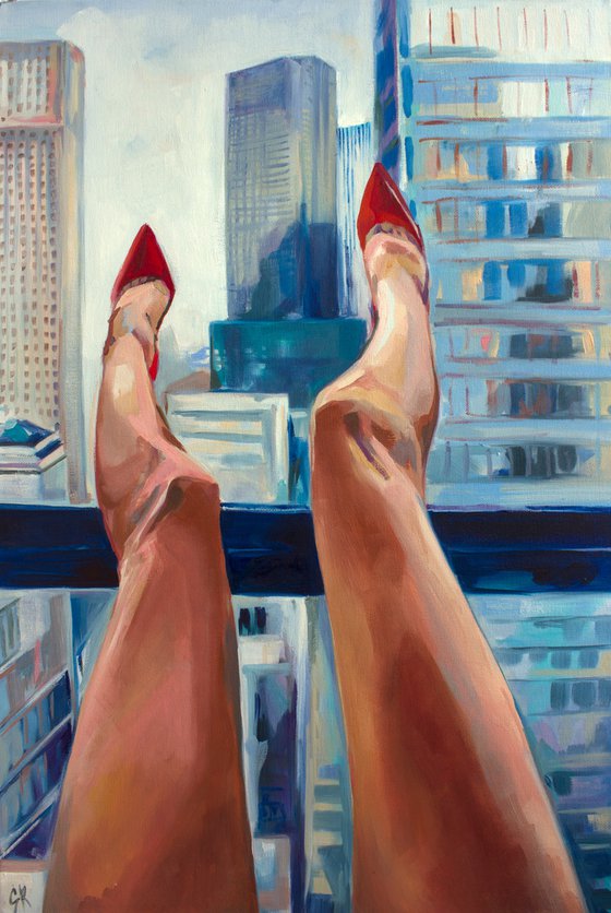 NEW YORK - oil painting on canvas board, original gift, red heels, woman, nude, erotics, original gift, home decor, pop art, office interior