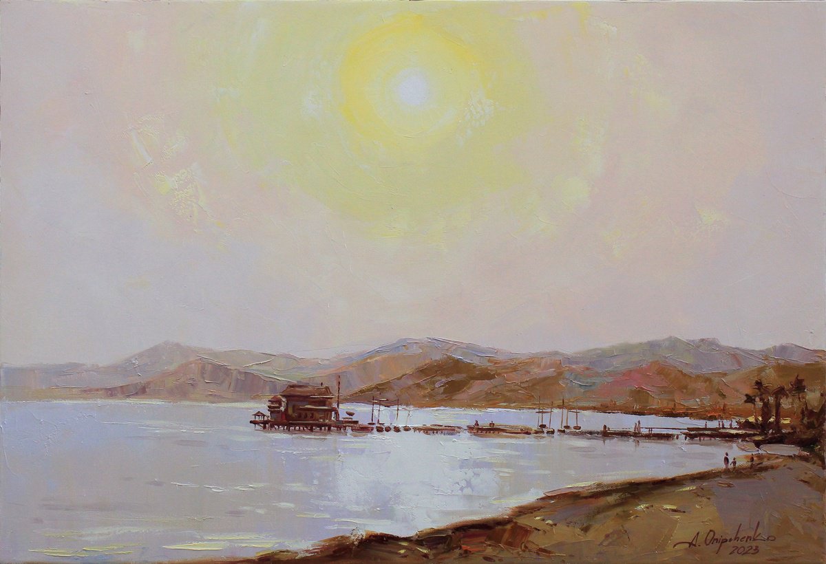 Impressionistic Landscape Oil Painting By Alisa Onipchenko-Cherniakovska, 26 X 18, White Sun Of Eilat, Original Artwork
