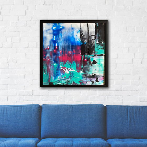 "Tokyo City Lights" - Original PMS Abstract Acrylic Painting On Plexiglass, Framed - 26" x 26"