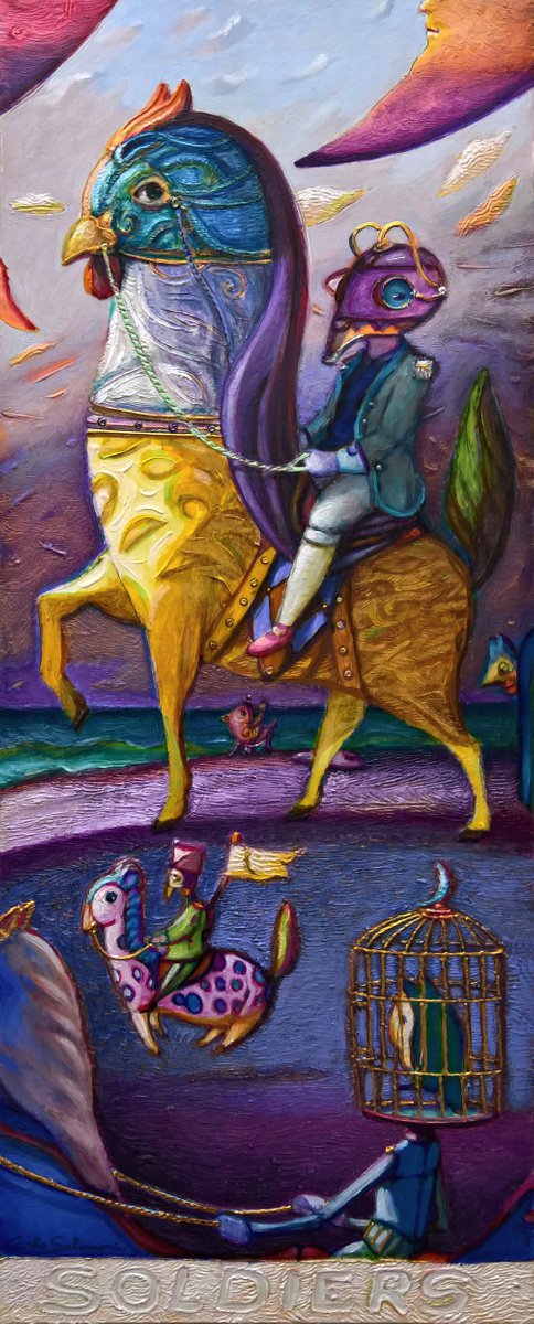 Surrealistic Portrait Acrylic Painting By Carlo Salomoni, 8 X 22, Soldiers, Original Artwork