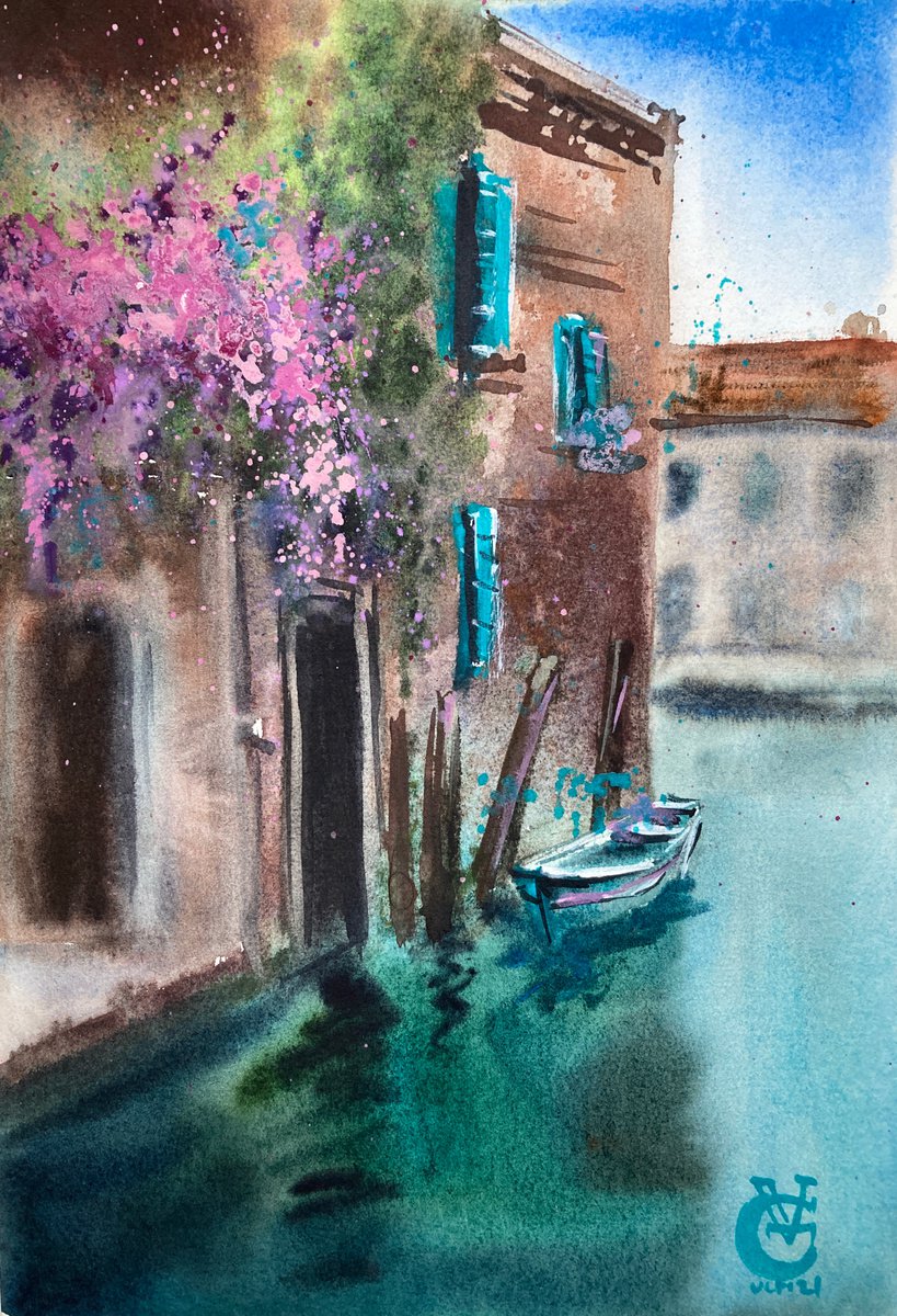 Impressionistic Cityscapes Watercolour By Valeria Golovenkina, 11 X 15", Venice. Wisteria, Original Artwork