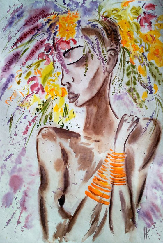 Flower Head Painting Woman Original Art African Queen Watercolor Lady with Flower Hat Artwork Home Wall Art 12 by 17" by Halyna Kirichenko