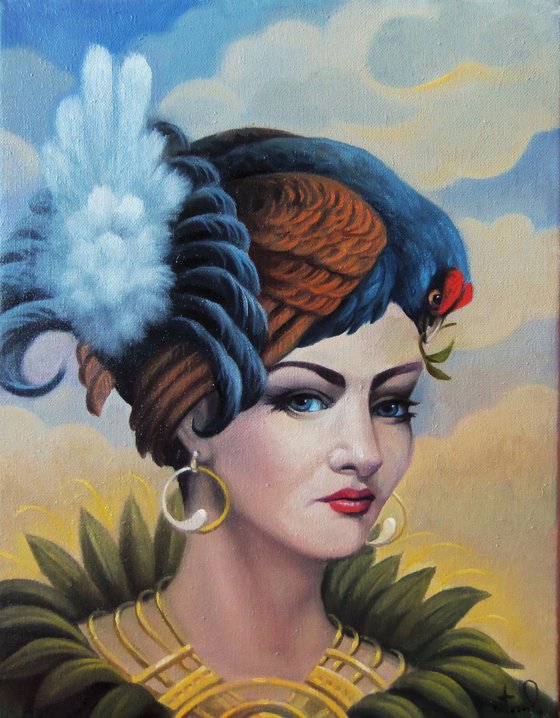 Surreal portrait with turkey 30x40cm, oil painting, surrealistic artwork