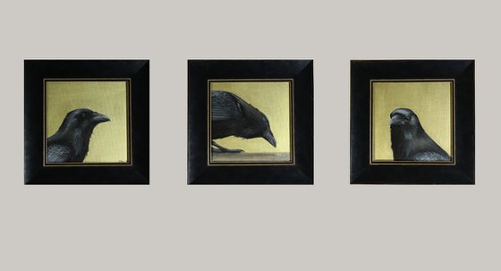 Raven I, Portrait of a Black Bird, Oil Painting, Bird Artwork, Gold Animal Art Original, Not Print