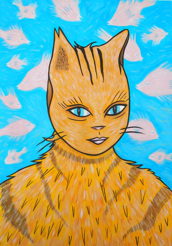 Cat Girl with Fish - Oil on paper