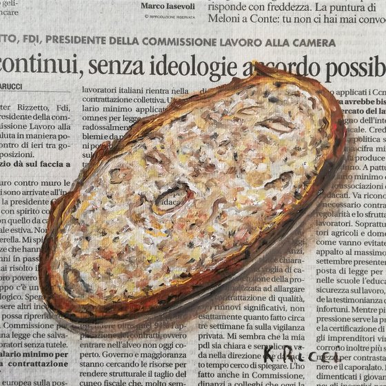 "Bread on Newspaper" Original Oil on Canvas Board Painting 6 by 6 inches (15x15 cm)