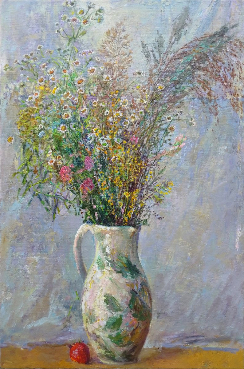 Impressionistic Botanical Oil Painting By Svitlana Koval, 16 X 24", Flowers From A Foggy Field, Original Artwork