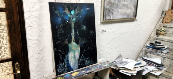Enigmatic Perennial Large Painting Still Life Deep Dark Blue Colors By O Kloska