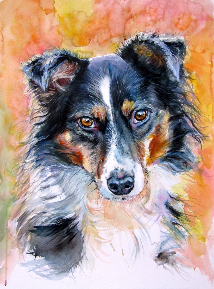 Impressionistic Animal Watercolour By Kovacs Anna Brigitta, 20 X 28", Cute Dog Ii, Original Artwork