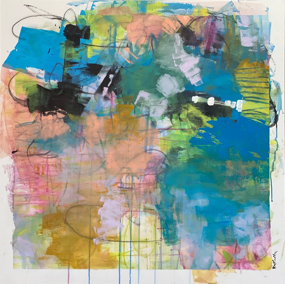 Organic Abstract Acrylic Painting By Kat Crosby, 36 X 36", Feeling Giddy, Original Artwork