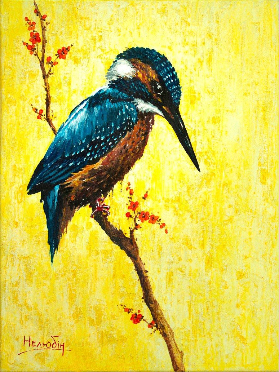 Impressionistic Animal Acrylic Painting By Aleksandr Neliubin, 12 X 16, Kingfisher, Original Artwork