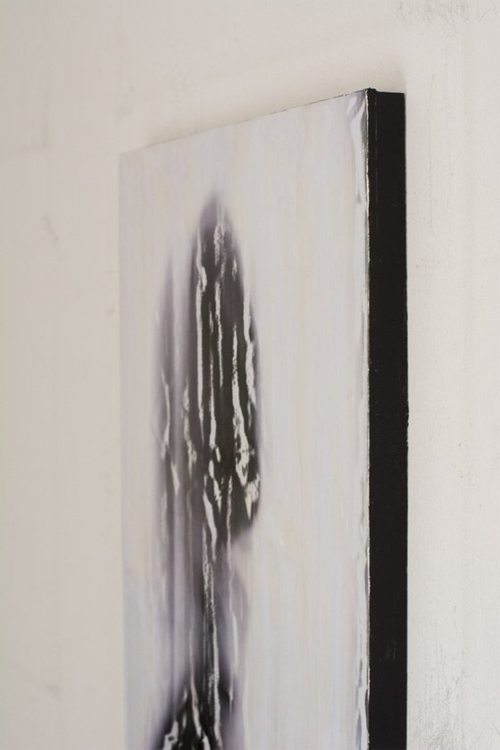 "Portrait of a lost soul" (60x40x2,5cm) - Unique figurative artwork on wood (abstract, figurative, gouache, original, painting, portrait, acrylic, oil, watercolor, encaustics, beeswax, resin, wood, fingerpaint)