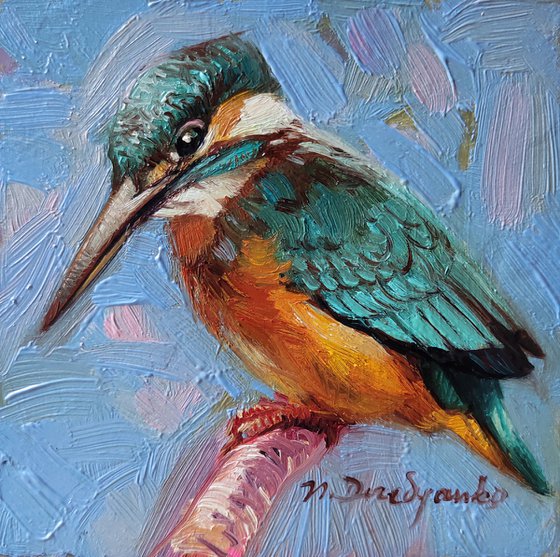 Small art Kingfisher bird painting original framed picture 4x4, Blue artwork bird wall art decor friendsgiving gift ideas