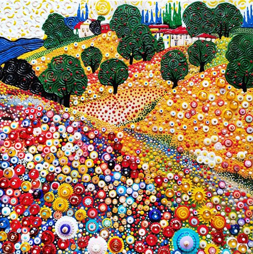 Nacre sculpture painting. Flower field with apple trees and cypress trees. Colorful landscape, summer garden. by BAST