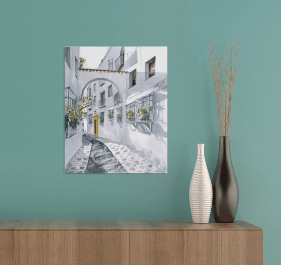 Cordoba old town 3. Original watercolor. White shadow light old town travel spain view impressionism impression minimalistic decor