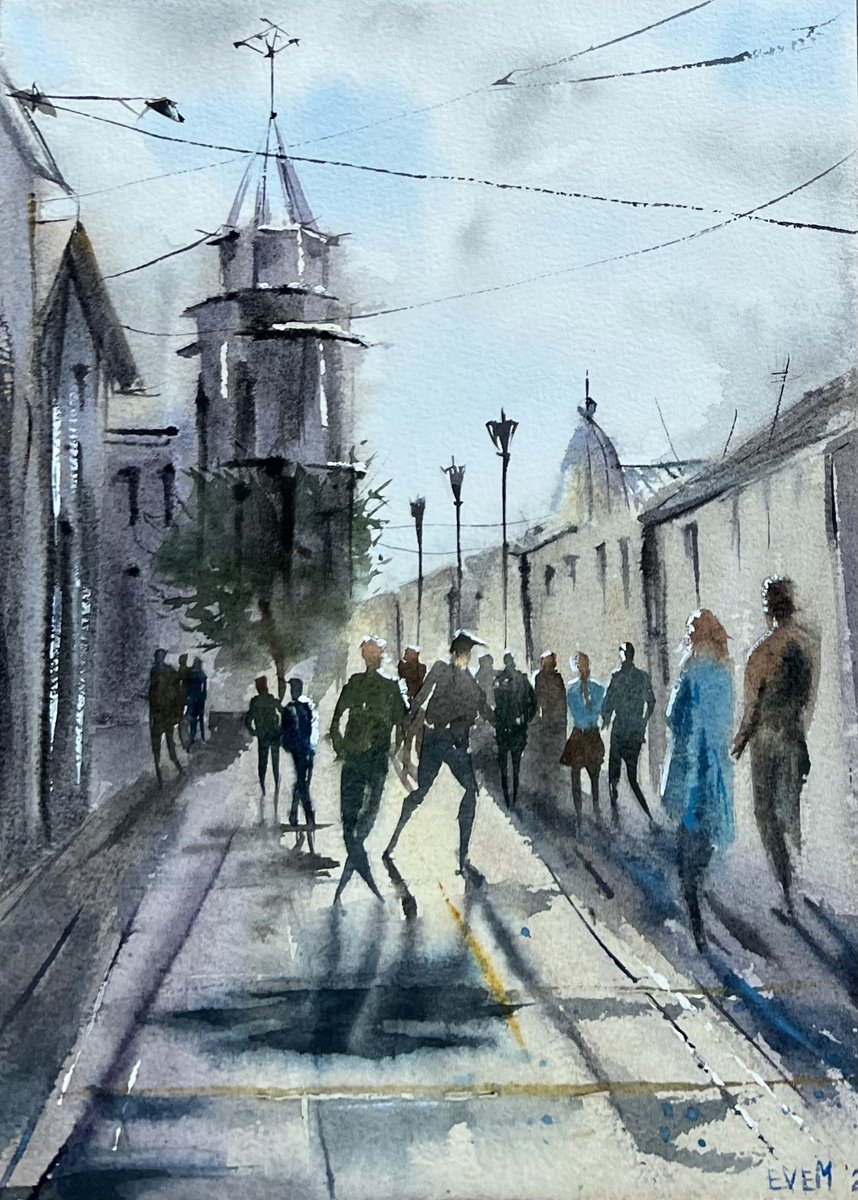City landscape. Nevsky Prospekt at sunset, Saint Petersburg. Original watercolor artwork. by Evgeniya Mokeeva