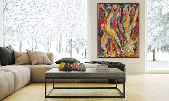 BATHERS - erotic nude art, large expressive red fire coloured, love orgy sex abstract painting