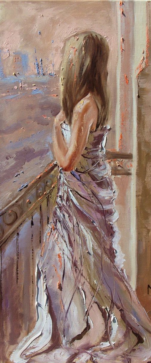 " GOOD MORNING DAY " - 40x80cm original oil painting on canvas, gift, palette kniffe SPRING by Monika Luniak