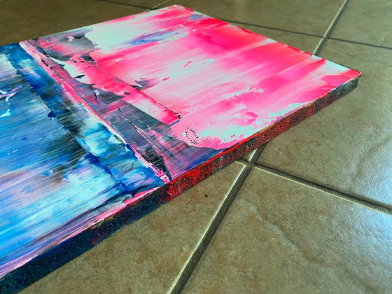 "From The Ice Age To The Pink Age" - FREE USA SHIPPING - Original PMS Abstract Acrylic Painting On Reclaimed Wood Panel - 14" x 24"