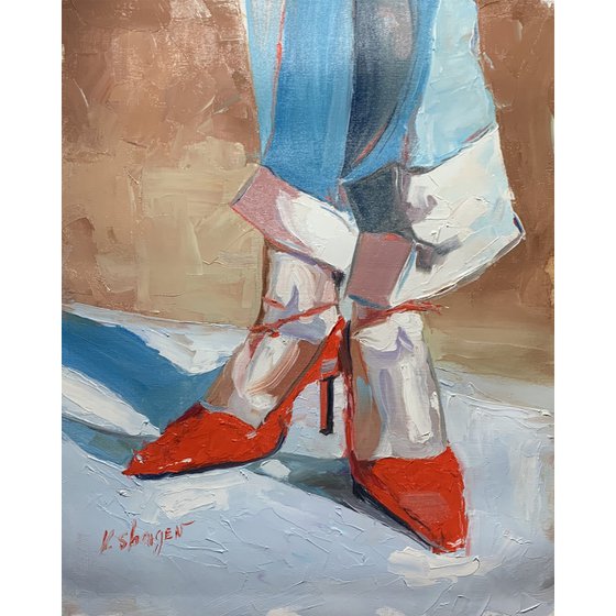 On red heels.