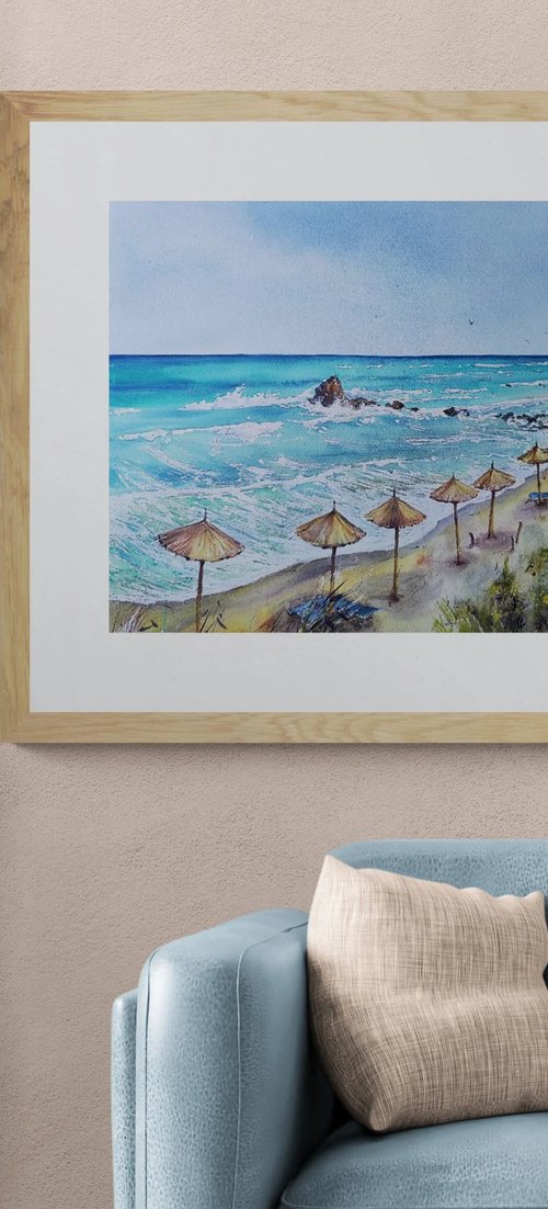 Greece paradise watercolor painting (2022) | Original Hand-painted Art Small Artist | Mediterranean Europe Impressionistic by Larisa Carli